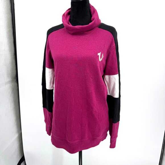 True‎ Religion Womens Pink Black Colorblock Sweatshirt Cotton M Front Logo Bling - Picture 7 of 8